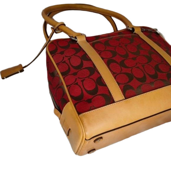 COACH VINTAGE RED/BROWN LOGO HANDBAG/TAN LEATHER WITH DOUBLE ZIPPER, EUC - Picture 4 of 9